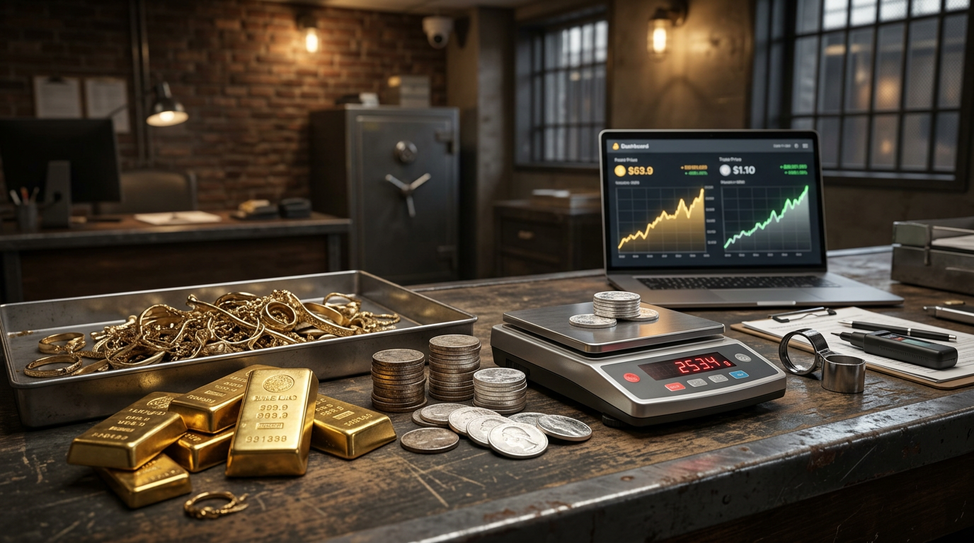 Scrap gold and bullion trading counter with live price dashboard